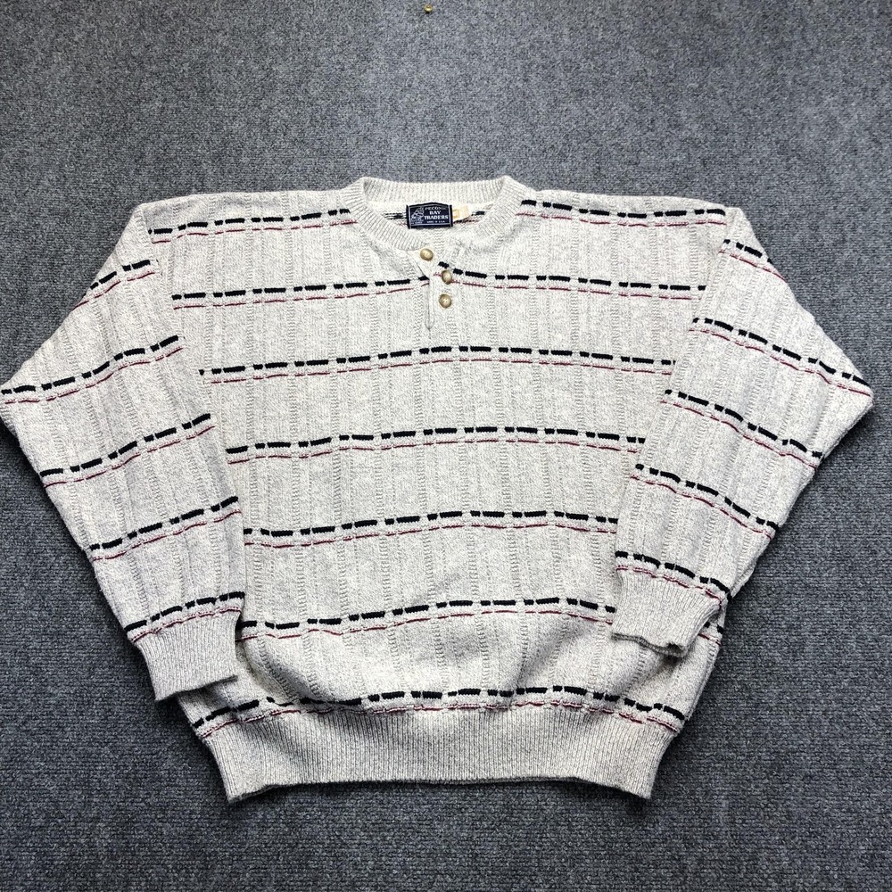 Peconic Bay Traders Sweater Mens XL Gray Striped Henley Knit Pullover Casual USA